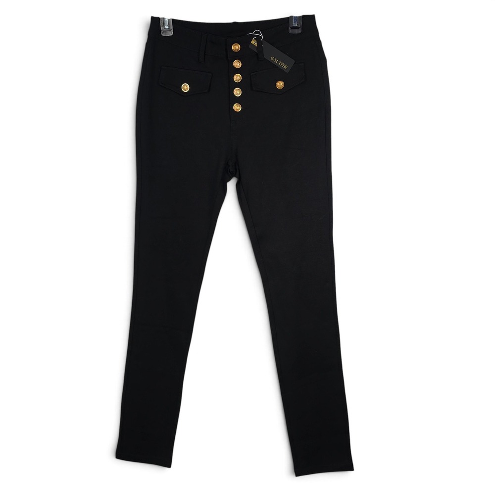 Gilipur Pants Women Large High Waisted Gold Button Fly Black Stretch Knit NEW